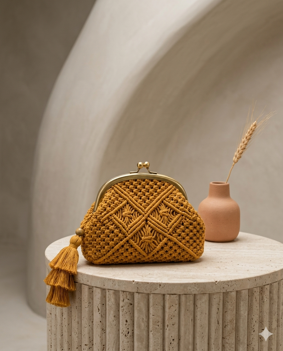 Clutch Moutarde Losanges a Pompom